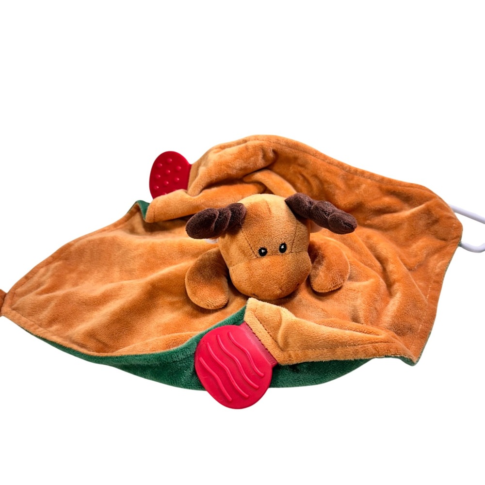 Modern Baby Moose Lovey Security Blanket Orange Green Teether‎ Rattle Plush Toy